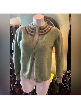 L.L. Bean Green Fair Isle Yoke Cardigan